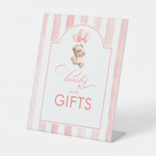 Books and Gifts Teddy Bear Pink Baby Shower Pedestal Sign