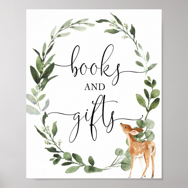 Books and gifts woodland deer baby shower sign (Front)