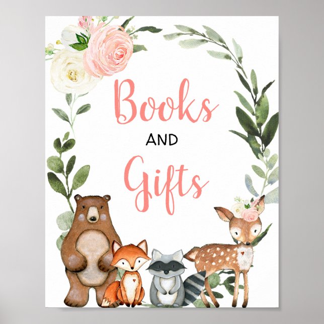 Books and gifts woodland greenery pink baby shower poster (Front)