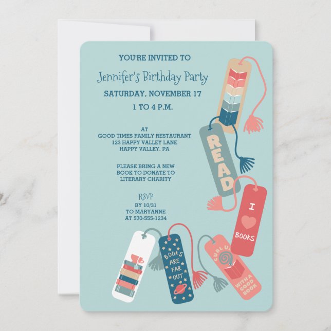 Books and Reading Themed Birthday Party Invitation (Front)