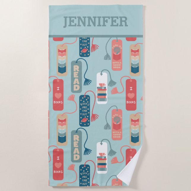 Books and Reading Themed Bookmarks Patterned Beach Towel (Front)