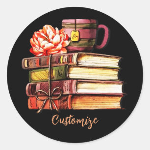 Books And Tea Black Classic Round Sticker