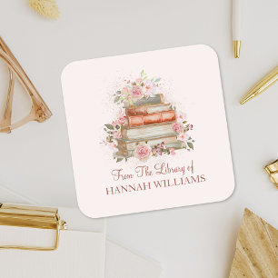 Books and Vintage Pink Roses Bookplate Square Sticker