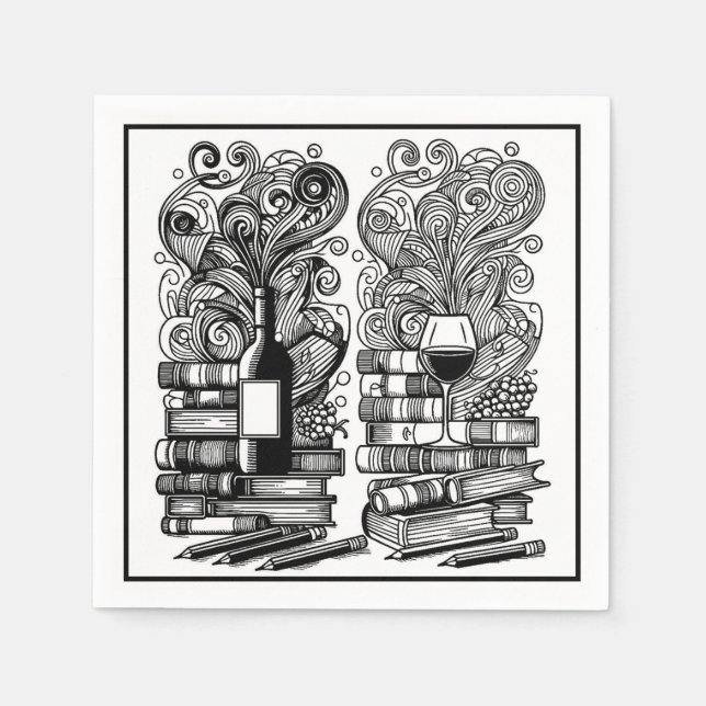 Books And Wine Colour Me Doodle 5 Napkin (Front)