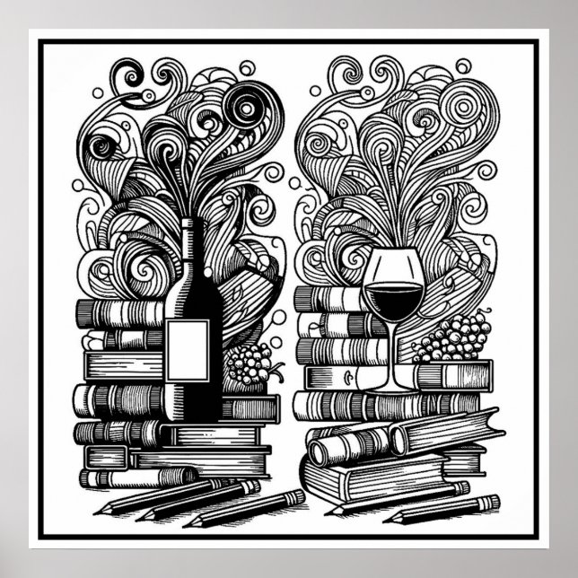 Books And Wine Colour Me Doodle Poster (Front)