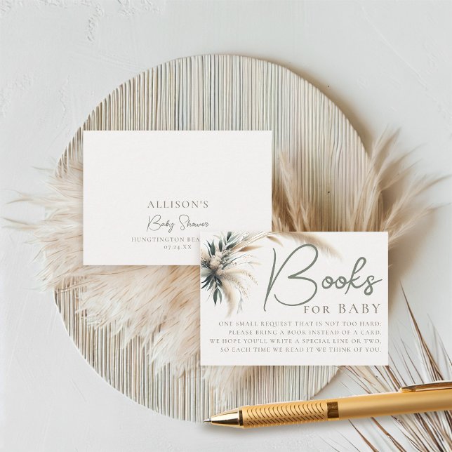 Books Baby Shower Boho Pampas Greenery Neutral Enclosure Card (boho baby shower books for baby card pampas greenery watercolor sage green beige neutral)