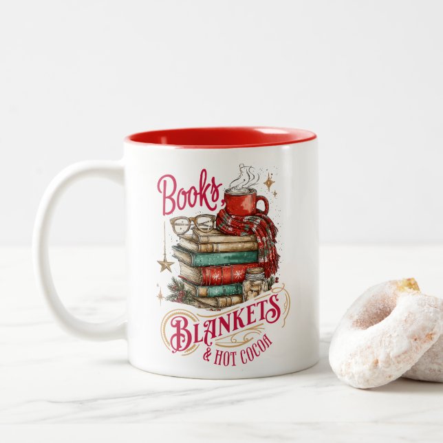 Books Blankets and Hot Cocoa  Two-Tone Coffee Mug (With Donut)
