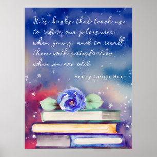 Books & Blue Flower Watercolor Script Custom Quote Poster