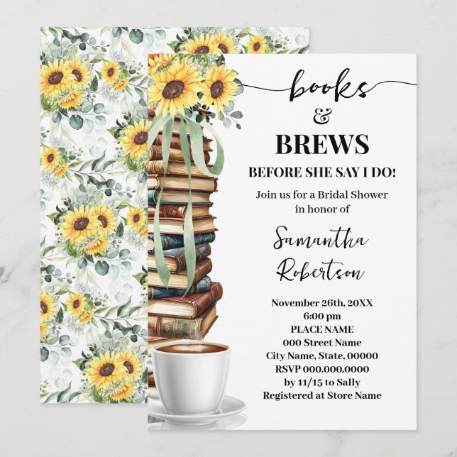Books & Brews Coffee Sunflowers Bridal Shower Invitation (Front/Back)