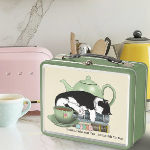 Books Cat Tea Cute Metal Lunch Box