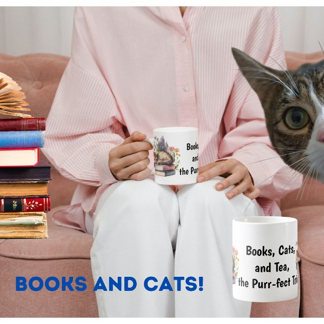 Books, cats and tea book lover, cat owner, tea  coffee mug (Creator Uploaded)