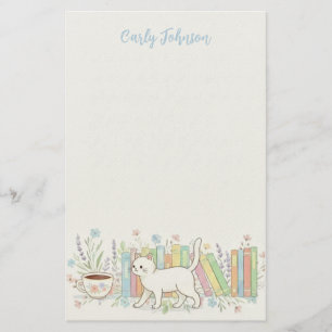 Books Cats & Coffee Floral Personalized Stationery
