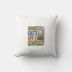 Books Cats Life Is Sweet Vintage Cat Reader Design Cushion