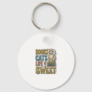 Books Cats Life Is Sweet Vintage Cat Reader Design Key Ring