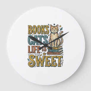 Books Cats Life Is Sweet Vintage Cat Reader Design Large Clock