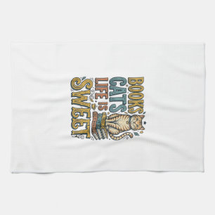 Books Cats Life Is Sweet Vintage Cat Reader Design Tea Towel