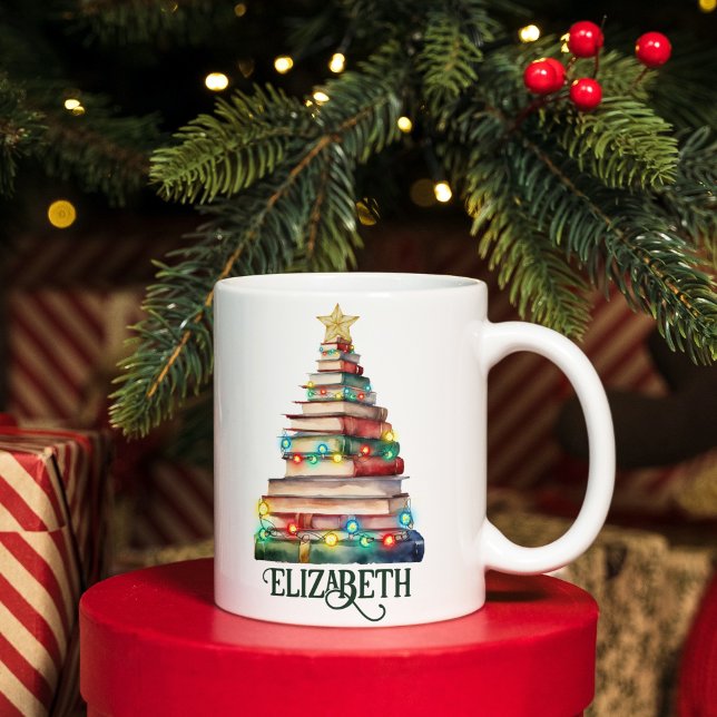 Books Christmas Tree Librarian Book Lovers Name Coffee Mug (Creator Uploaded)