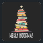 Books Christmas Tree Merry Bookmas Square Sticker<br><div class="desc">Funny Christmas tree forming by books,  with Christmas ornaments and a Christmas star,  and the quote "Merry Bookmas". A cool and funny kind to celebrate Christmas eve.</div>