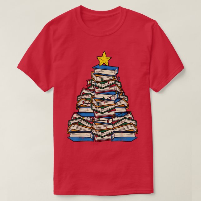 Books Christmas Tree Reading Xmas PJs Teacher Libr T-Shirt (Design Front)