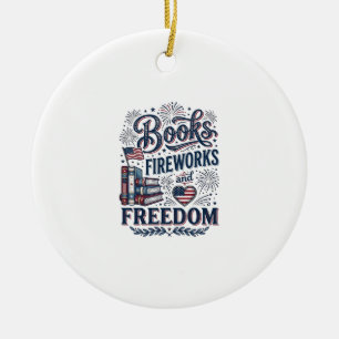 Books Fireworks and Freedom Patriotic Reader Shirt Ceramic Tree Decoration