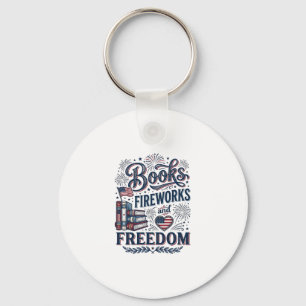 Books Fireworks and Freedom Patriotic Reader Shirt Key Ring