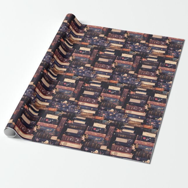 Books & Flowers on Black Wrapping Paper (Unrolled)