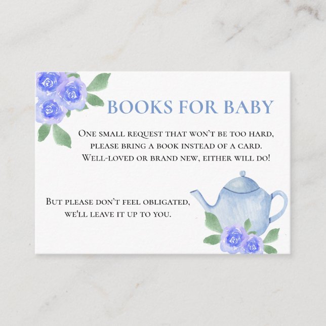 Books for Baby Blue Floral Teapot Baby Shower Enclosure Card (Front)