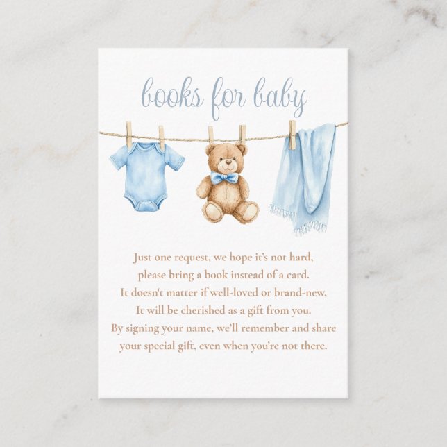 Books For Baby Clothesline Boy Baby Shower Enclosure Card (Front)