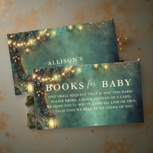 Books For Baby Enchanted Forest Magic Lanterns Enclosure Card (books for baby insert card enchanted forest baby shower emerald green gold fairy lights lanterns)