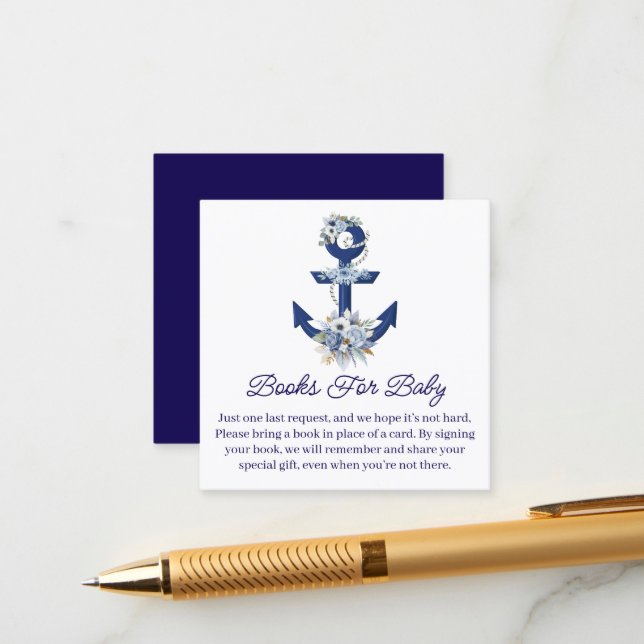 books for baby, floral nautical boy baby shower  enclosure card (Front/Back In Situ)