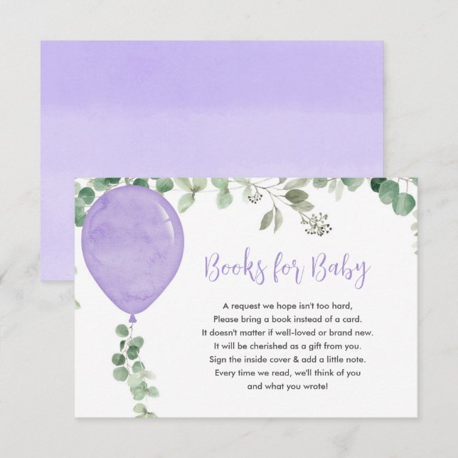 Books for baby girl purple balloon eucalyptus enclosure card (Front/Back)