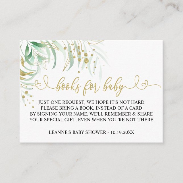 Books for Baby Greenery Green and Gold Baby Shower Enclosure Card (Front)