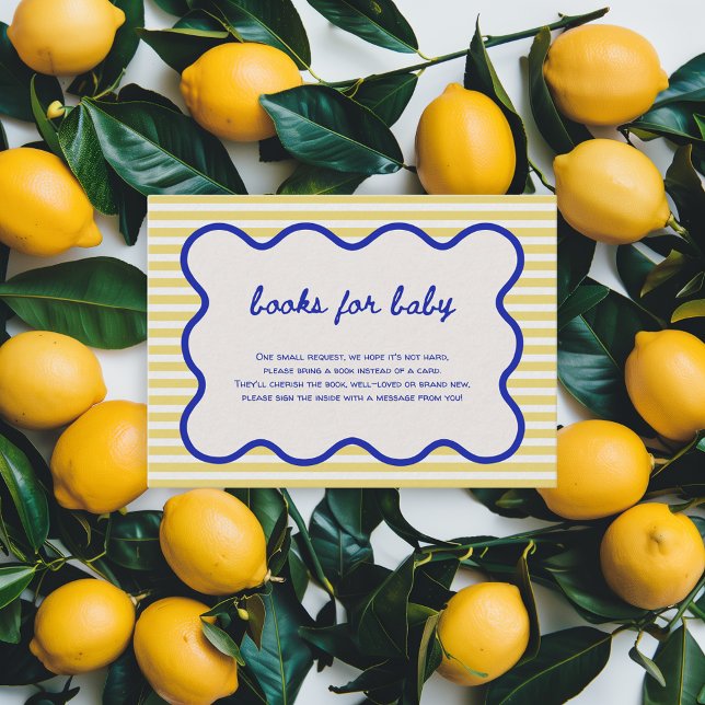 Books for Baby Hand Drawn Blue & Yellow Italian Enclosure Card (books for baby ciao baby italian baby shower theme lemon citrus stripes hand drawn)