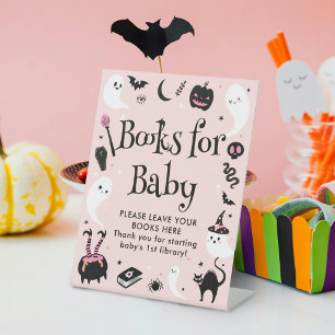 Books for Baby Pink Halloween Baby Shower Pedestal Sign