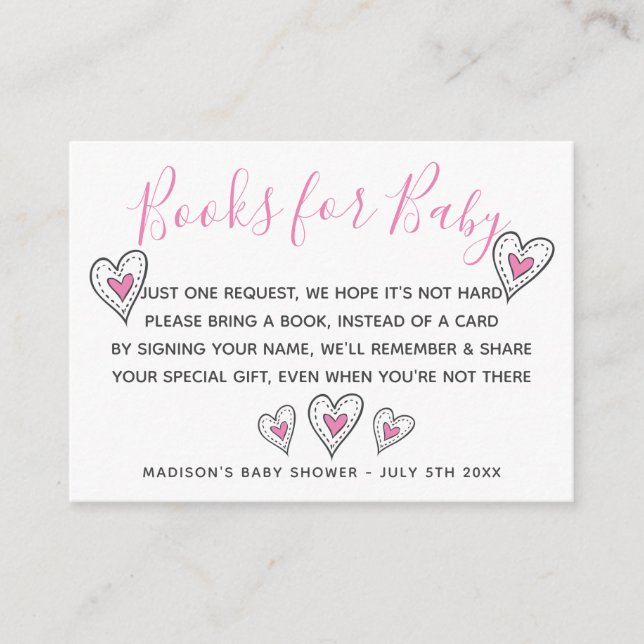 Books for Baby Pink Love Hearts Baby Shower Enclosure Card (Front)