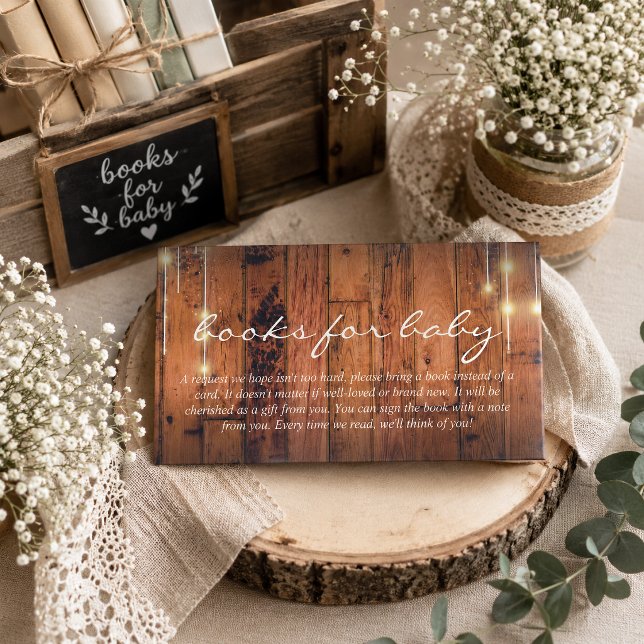 Books for Baby Rustic Wood String Lights Shower Enclosure Card (Help build a cherished library for the little one with this sweet books for baby rustic wood card.)