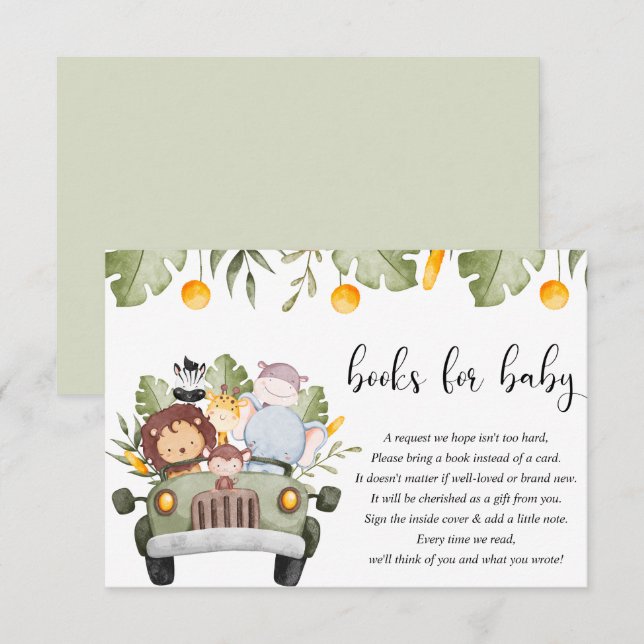 Books for baby safari jungle animals baby shower enclosure card (Front/Back)