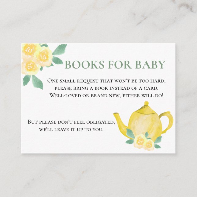 Books for Baby Yellow Teapot Baby Shower Request Enclosure Card (Front)