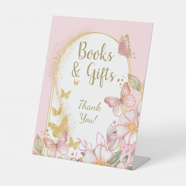 Books & Gifts | Pink Girl Butterfly Baby Shower Pedestal Sign (Front)