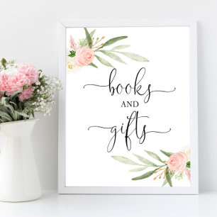 Books gifts sign pink greenery gold baby shower