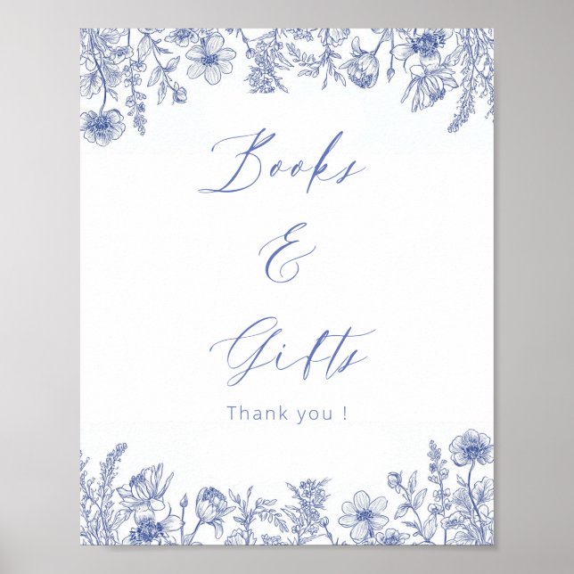 Books & Gifts Toile White And Blue  Poster (Front)