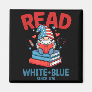 Books Gnome USA Fireworks Read White Blue Magnet