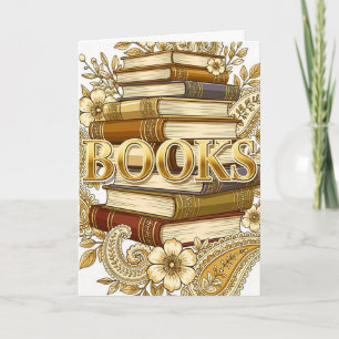Books Gold Tone Art Readers Writers Bibliophiles Card