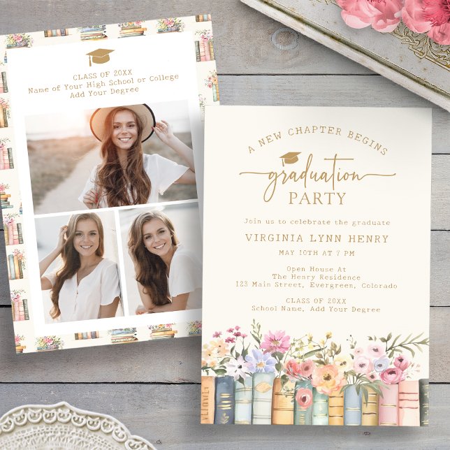 Books Graduation Party Invitation (Watercolor Floral Books Graduation Party Invitation with Photos by Painted Paperie
)