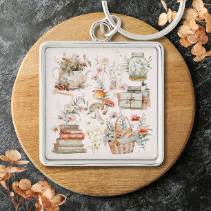Books Mushroom Floral Whimsical Cottagecore Art Key Ring