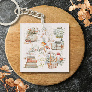 Books Mushroom Floral Whimsical Cottagecore Art Key Ring