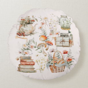Books Mushroom Floral Whimsical Cottagecore Art Round Cushion