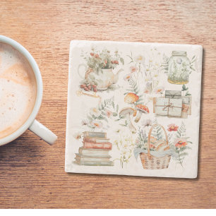 Books Mushroom Floral Whimsical Cottagecore Art Stone Coaster