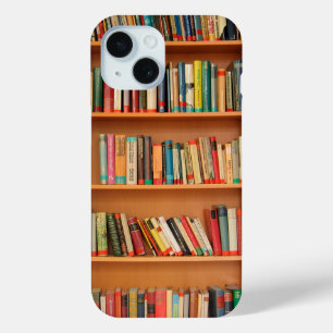 Books on Bookshelf Background iPhone 15 Case