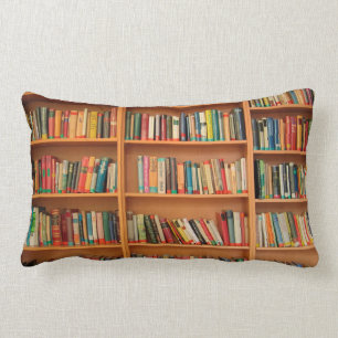 Books on Bookshelf Background Lumbar Cushion
